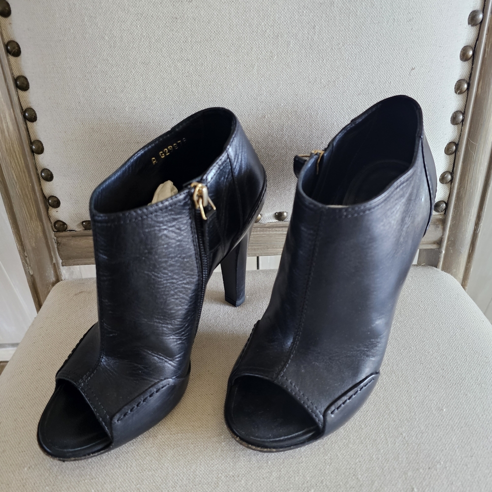 CHANEL Black Leather Peep-Toe Heeled Boots